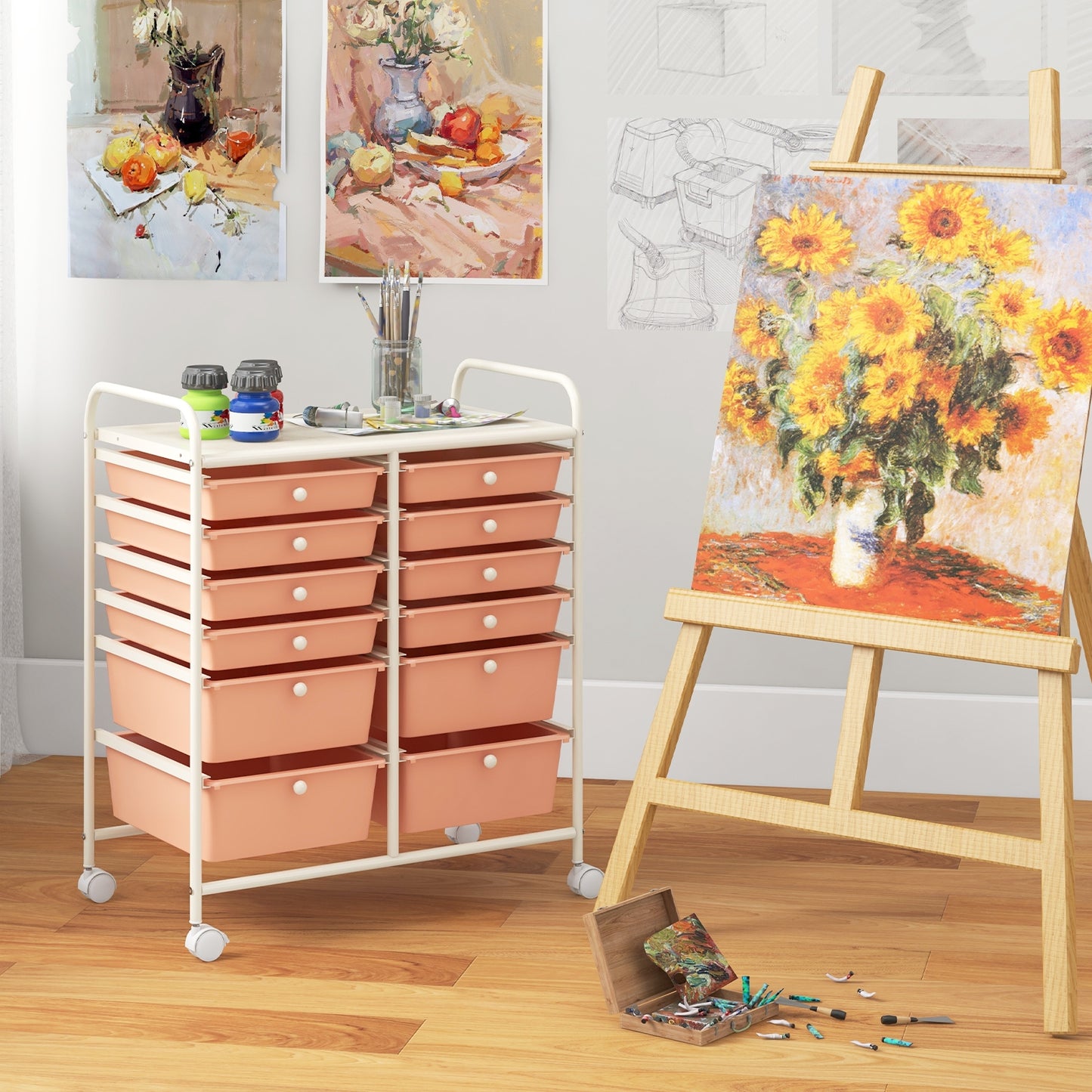 12-Drawer Rolling Storage Cart with Removable Drawers and Lockable Wheels-Peach Kids Crystal