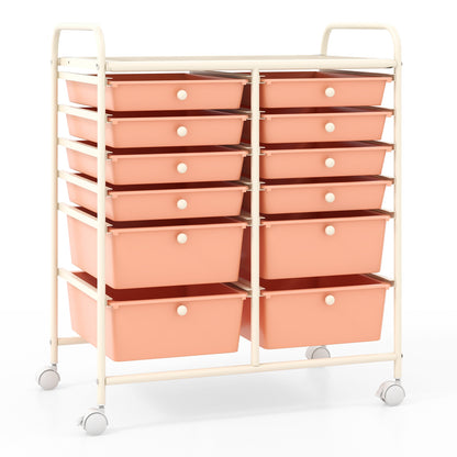12-Drawer Rolling Storage Cart with Removable Drawers and Lockable Wheels-Peach