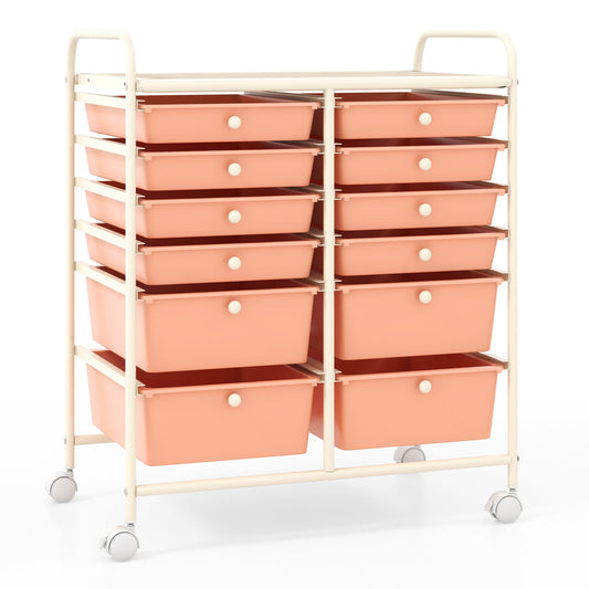 12-Drawer Rolling Storage Cart with Removable Drawers and Lockable Wheels-Peach Kids Crystal