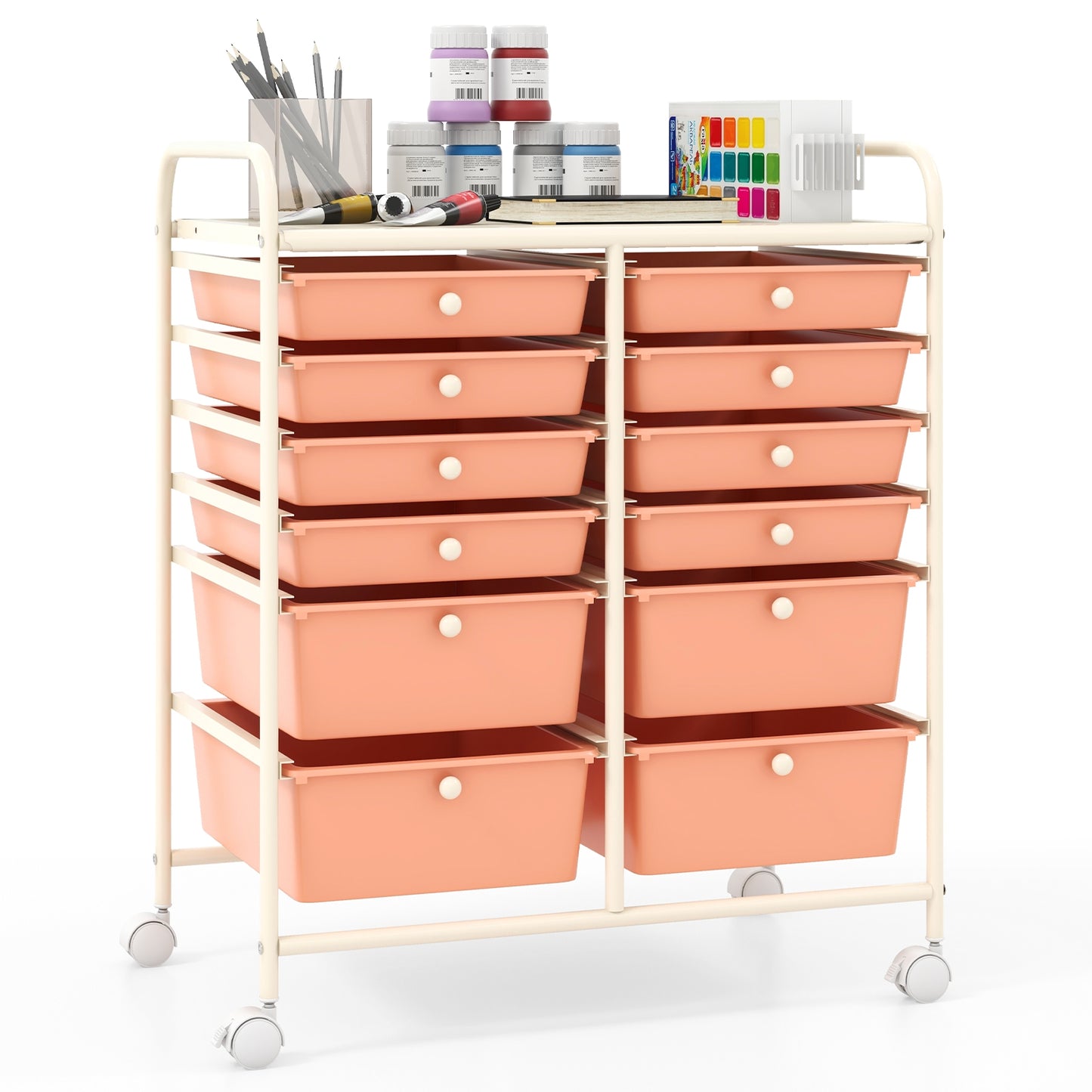 12-Drawer Rolling Storage Cart with Removable Drawers and Lockable Wheels-Peach Kids Crystal