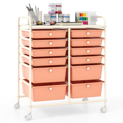 12-Drawer Rolling Storage Cart with Removable Drawers and Lockable Wheels-Peach