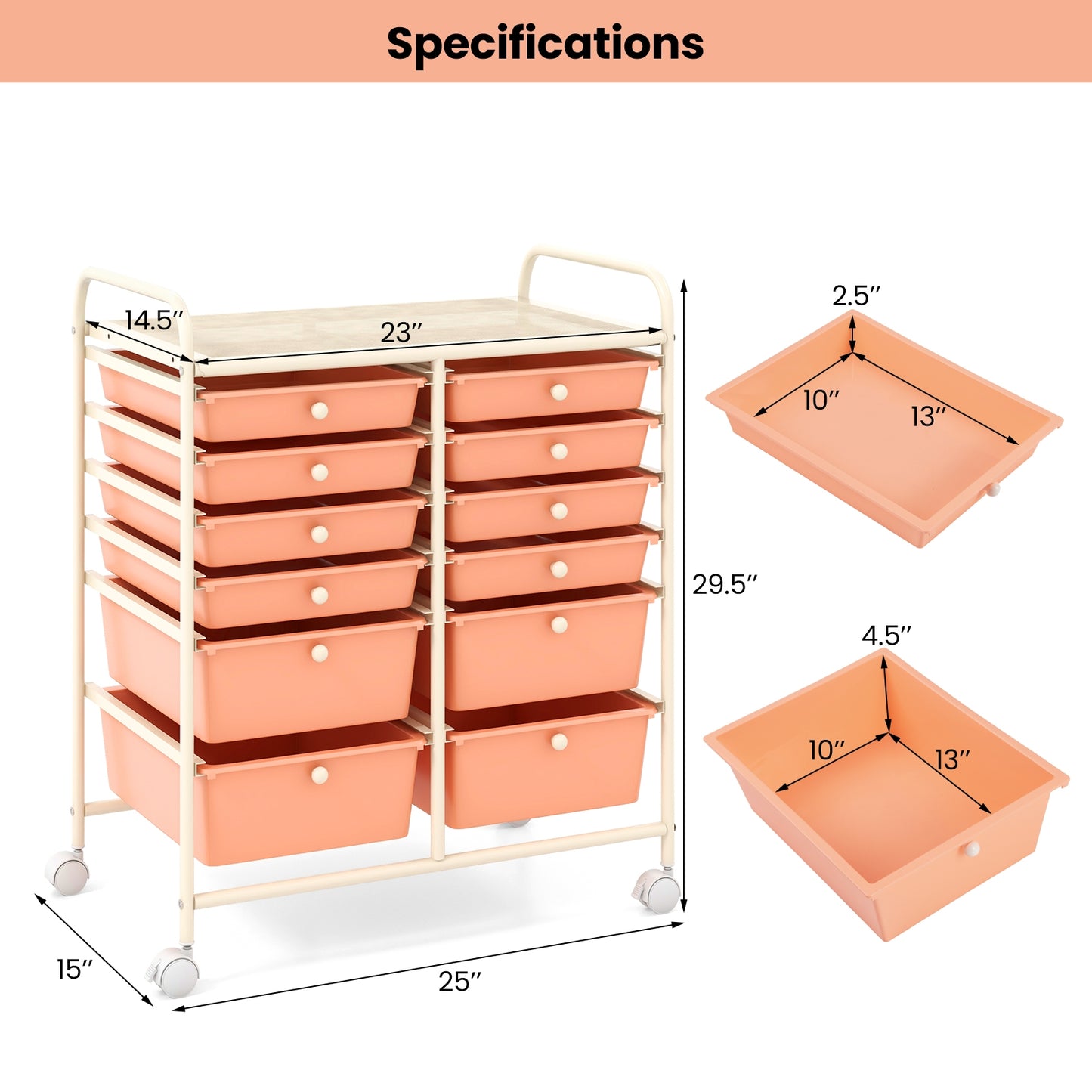 12-Drawer Rolling Storage Cart with Removable Drawers and Lockable Wheels-Peach Kids Crystal