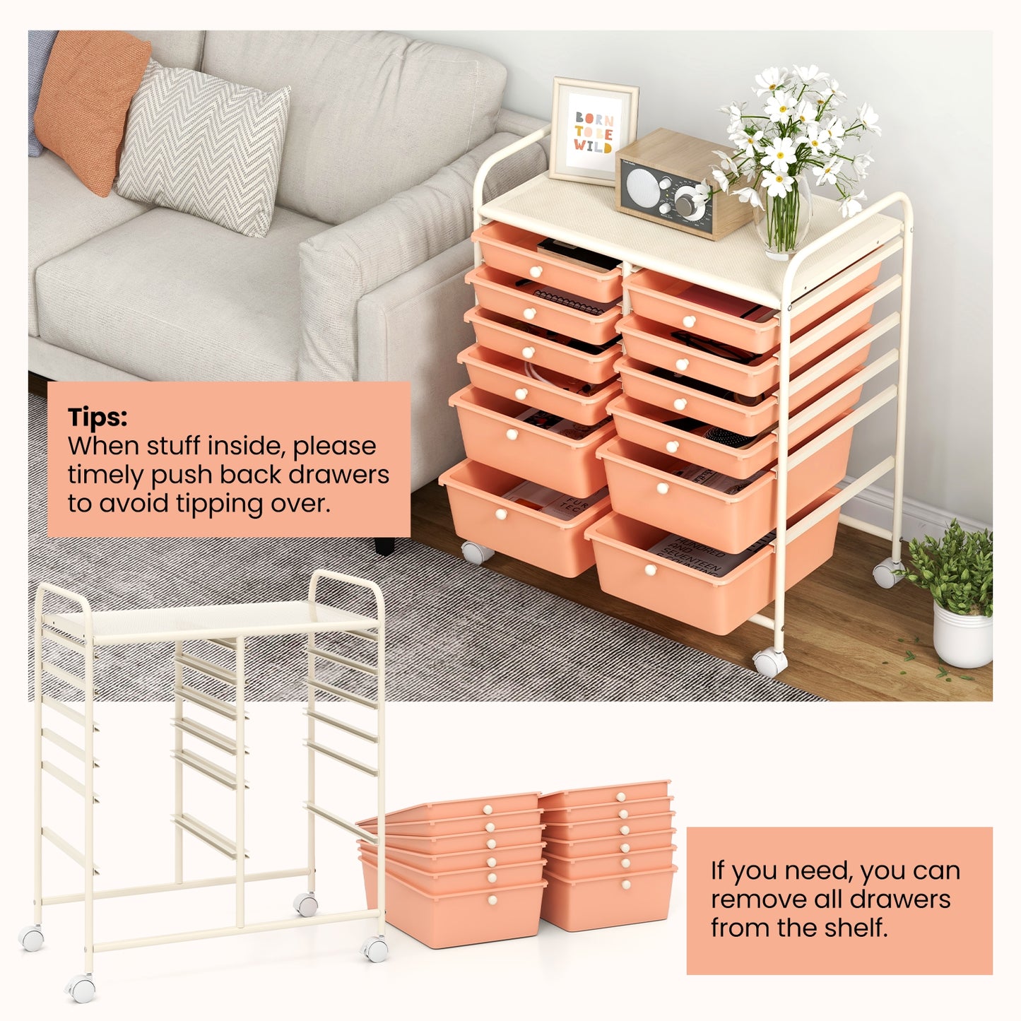 12-Drawer Rolling Storage Cart with Removable Drawers and Lockable Wheels-Peach Kids Crystal
