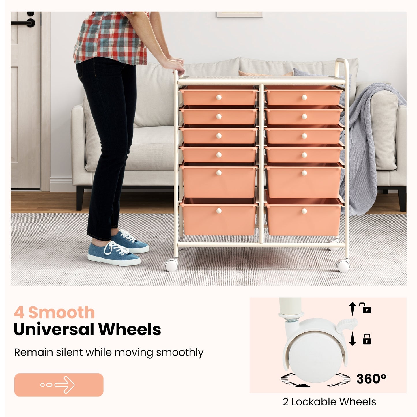 12-Drawer Rolling Storage Cart with Removable Drawers and Lockable Wheels-Peach Kids Crystal