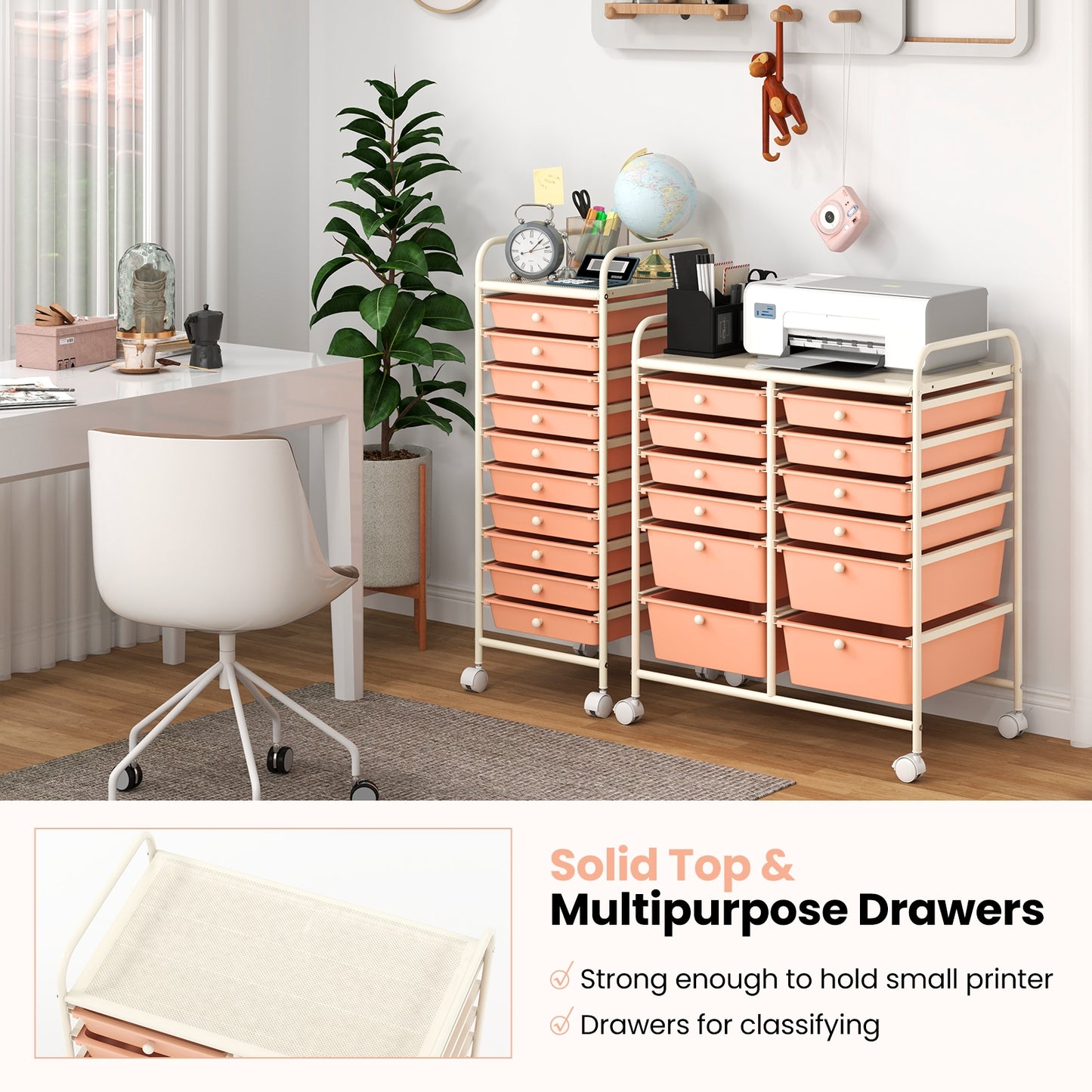 12-Drawer Rolling Storage Cart with Removable Drawers and Lockable Wheels-Peach Kids Crystal
