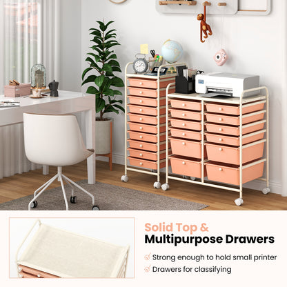 12-Drawer Rolling Storage Cart with Removable Drawers and Lockable Wheels-Peach