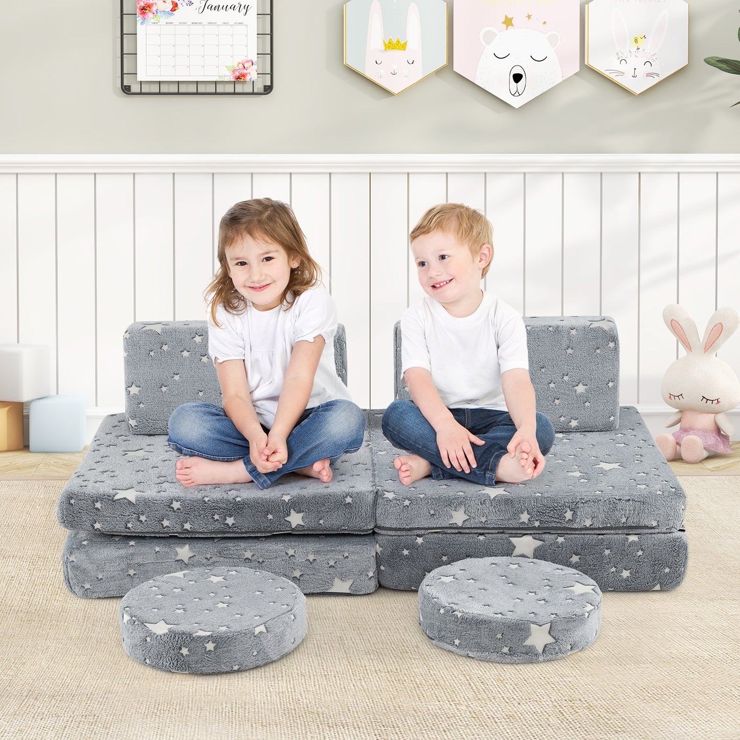 Modular Kids Play Couch Set Glow in the Dark with Portable Handles-Gray Kids Crystal