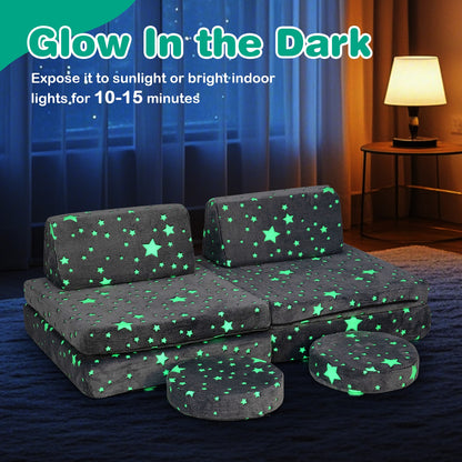 Modular Kids Play Couch Set Glow in the Dark with Portable Handles-Gray