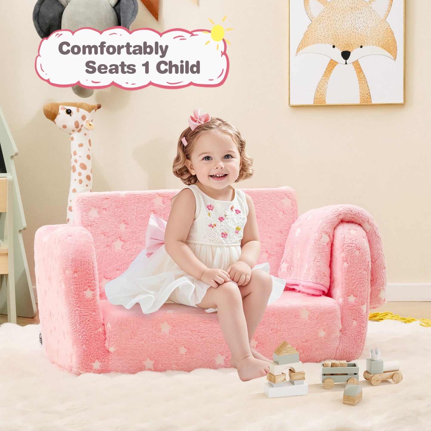 2-in-1 Folding Kids Couch with Blanket Glow in the Dark-Pink Kids Crystal