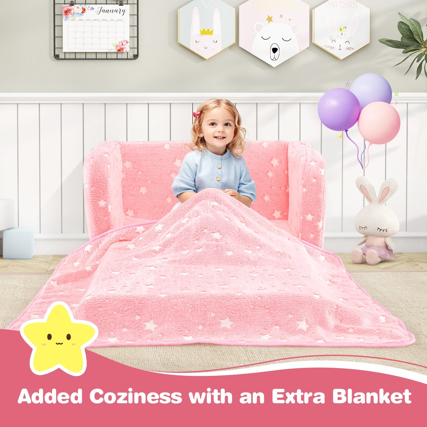 2-in-1 Folding Kids Couch with Blanket Glow in the Dark-Pink Kids Crystal