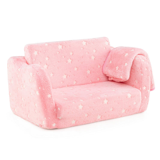 2-in-1 Folding Kids Couch with Blanket Glow in the Dark-Pink Kids Crystal