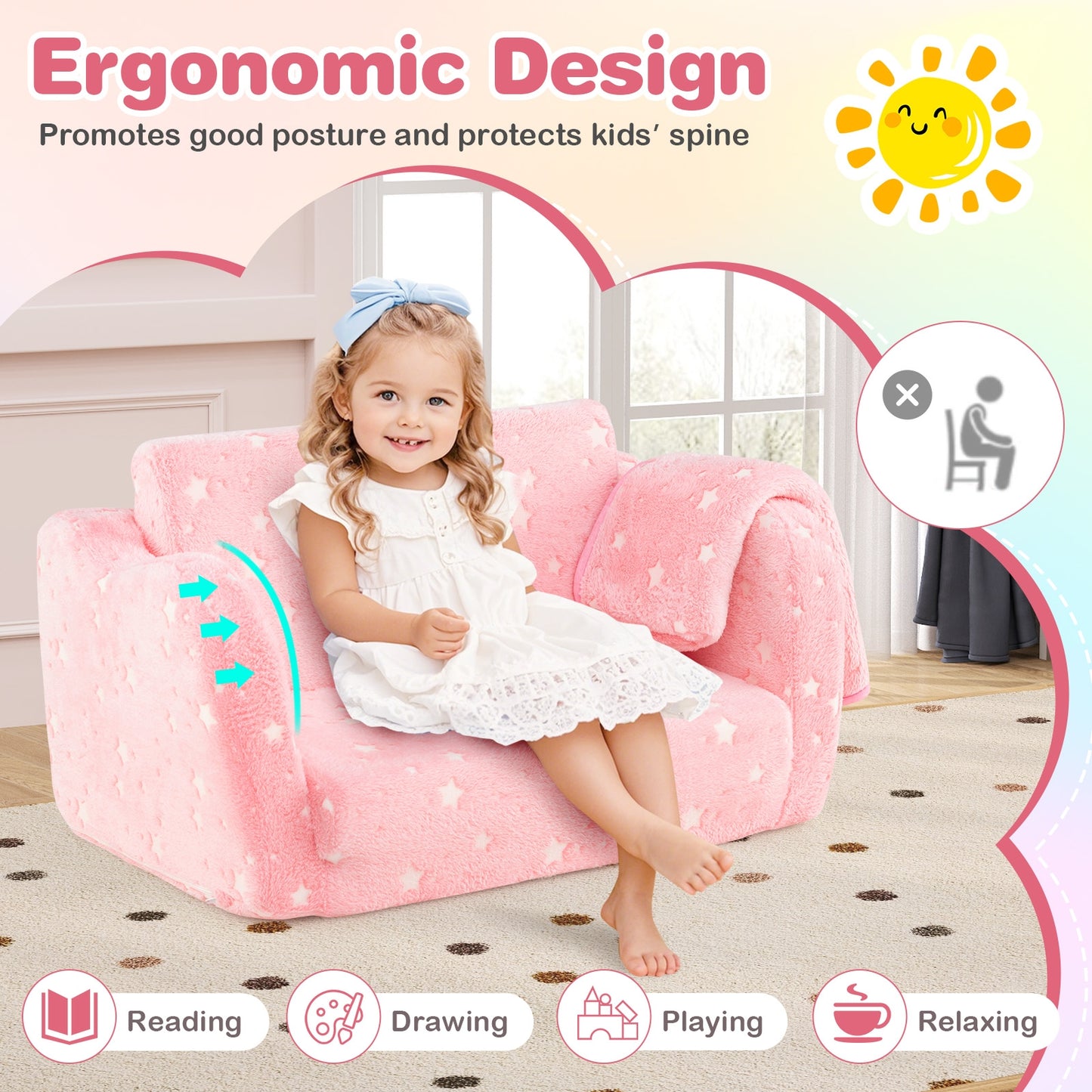 2-in-1 Folding Kids Couch with Blanket Glow in the Dark-Pink Kids Crystal