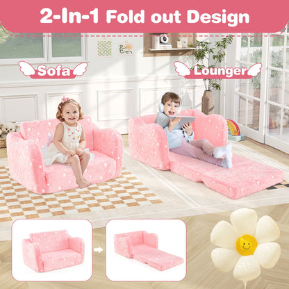 2-in-1 Folding Kids Couch with Blanket Glow in the Dark-Pink