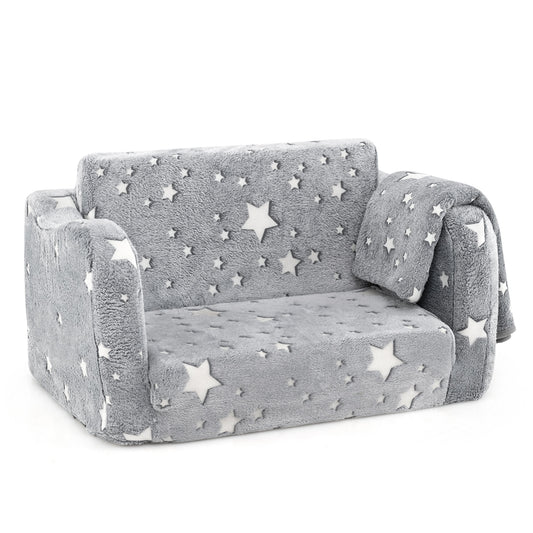 2-in-1 Folding Kids Couch with Blanket Glow in the Dark-Gray Kids Crystal