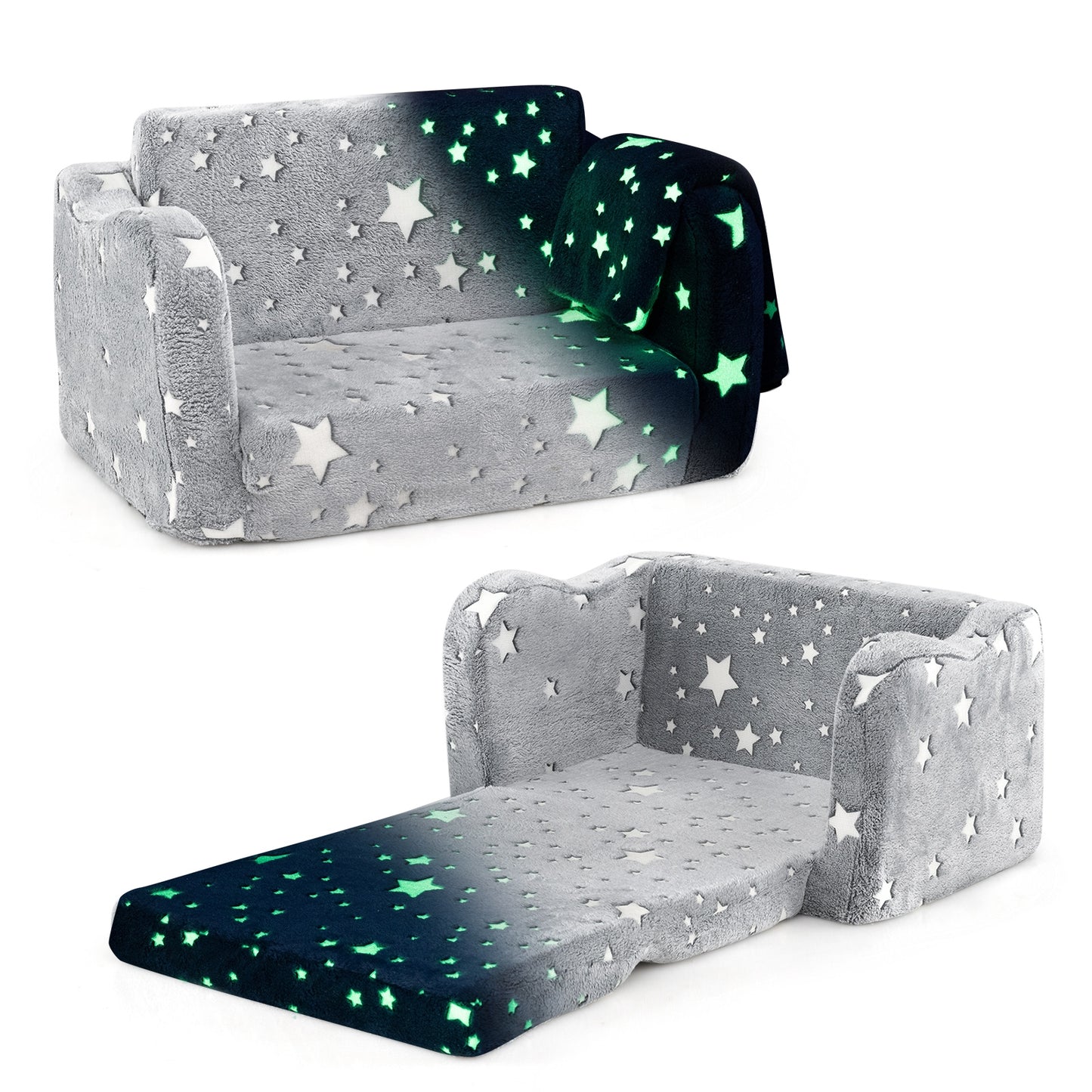 2-in-1 Folding Kids Couch with Blanket Glow in the Dark-Gray Kids Crystal