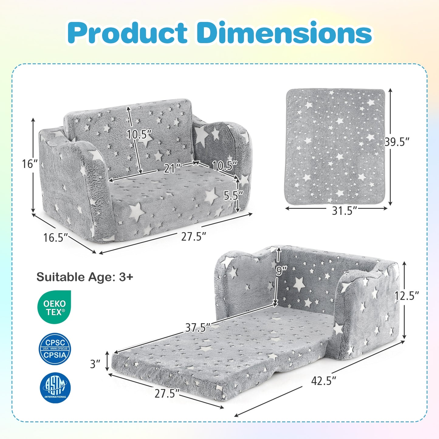 2-in-1 Folding Kids Couch with Blanket Glow in the Dark-Gray Kids Crystal