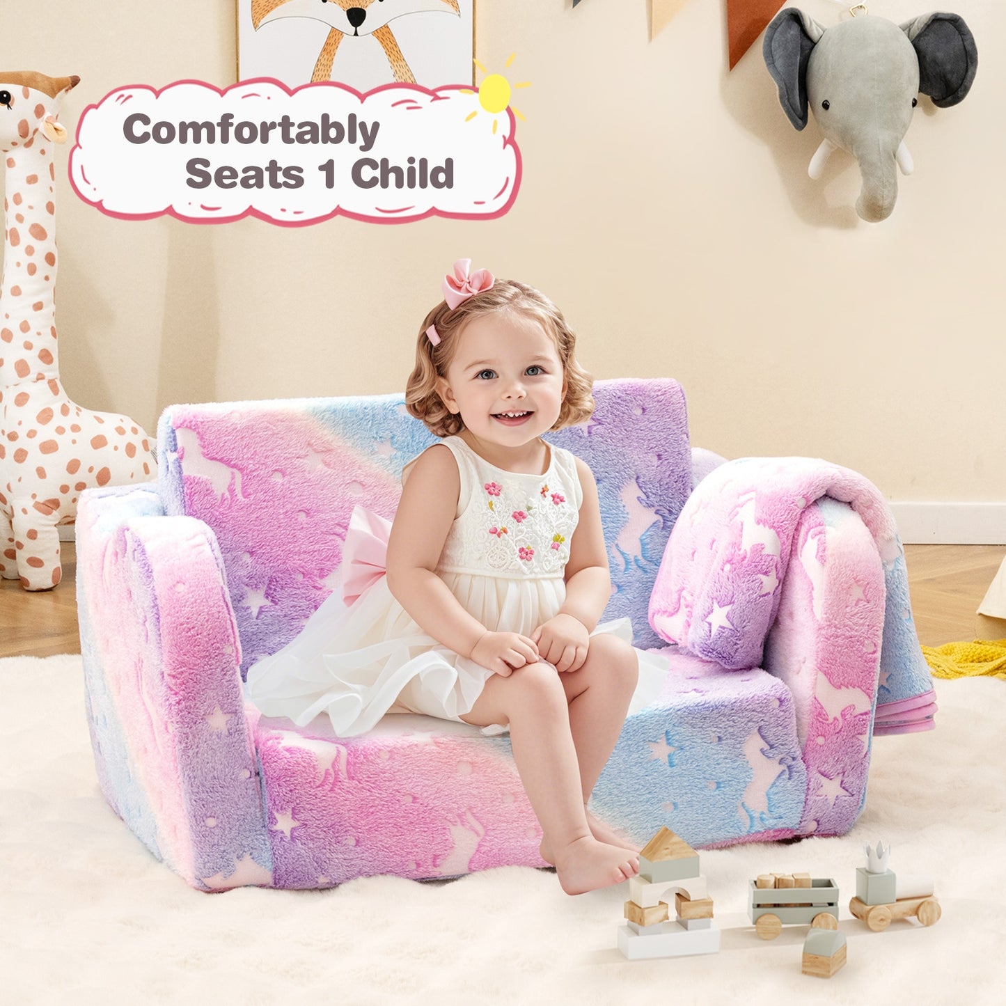 2-in-1 Folding Kids Couch with Blanket Glow in the Dark-Multicolor Kids Crystal