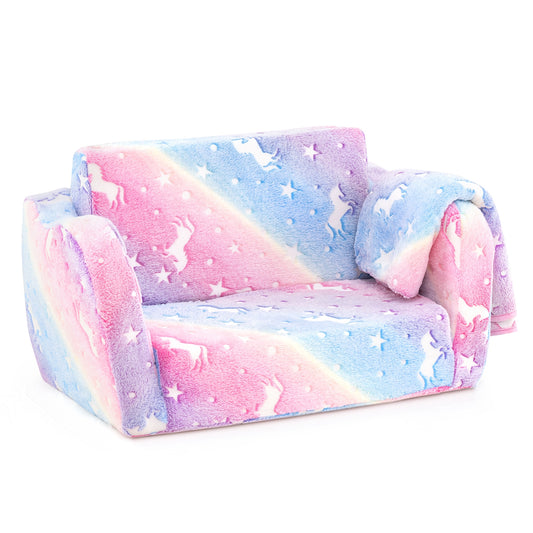 2-in-1 Folding Kids Couch with Blanket Glow in the Dark-Multicolor Kids Crystal