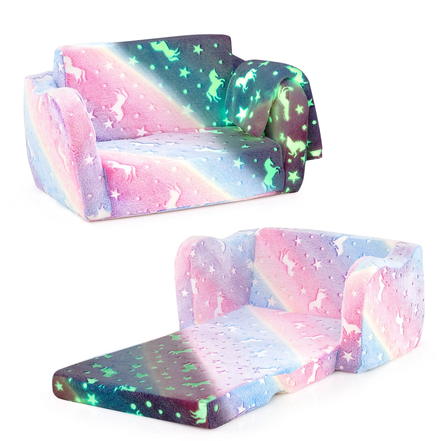 2-in-1 Folding Kids Couch with Blanket Glow in the Dark-Multicolor Kids Crystal