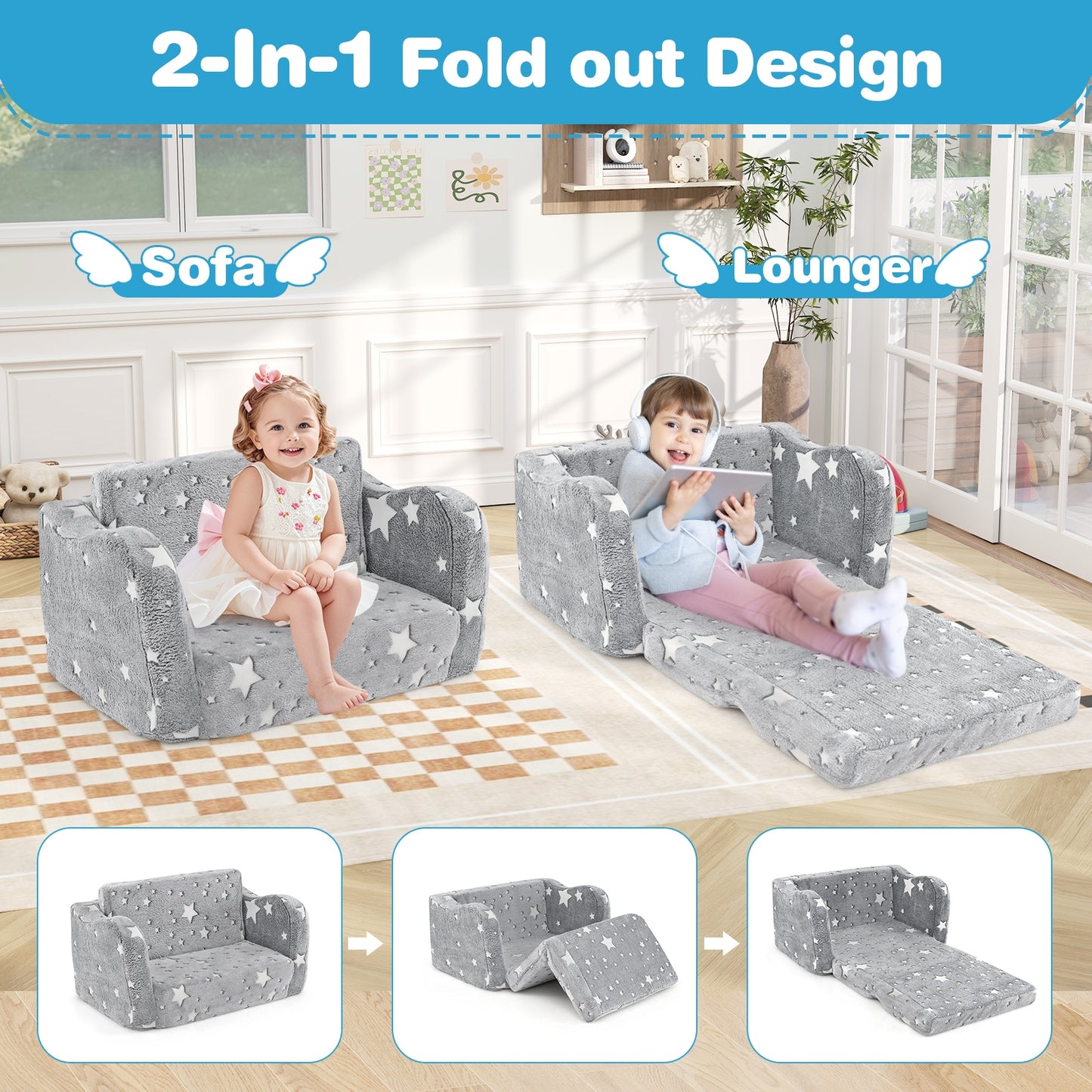 2-in-1 Folding Kids Couch with Blanket Glow in the Dark-Gray Kids Crystal