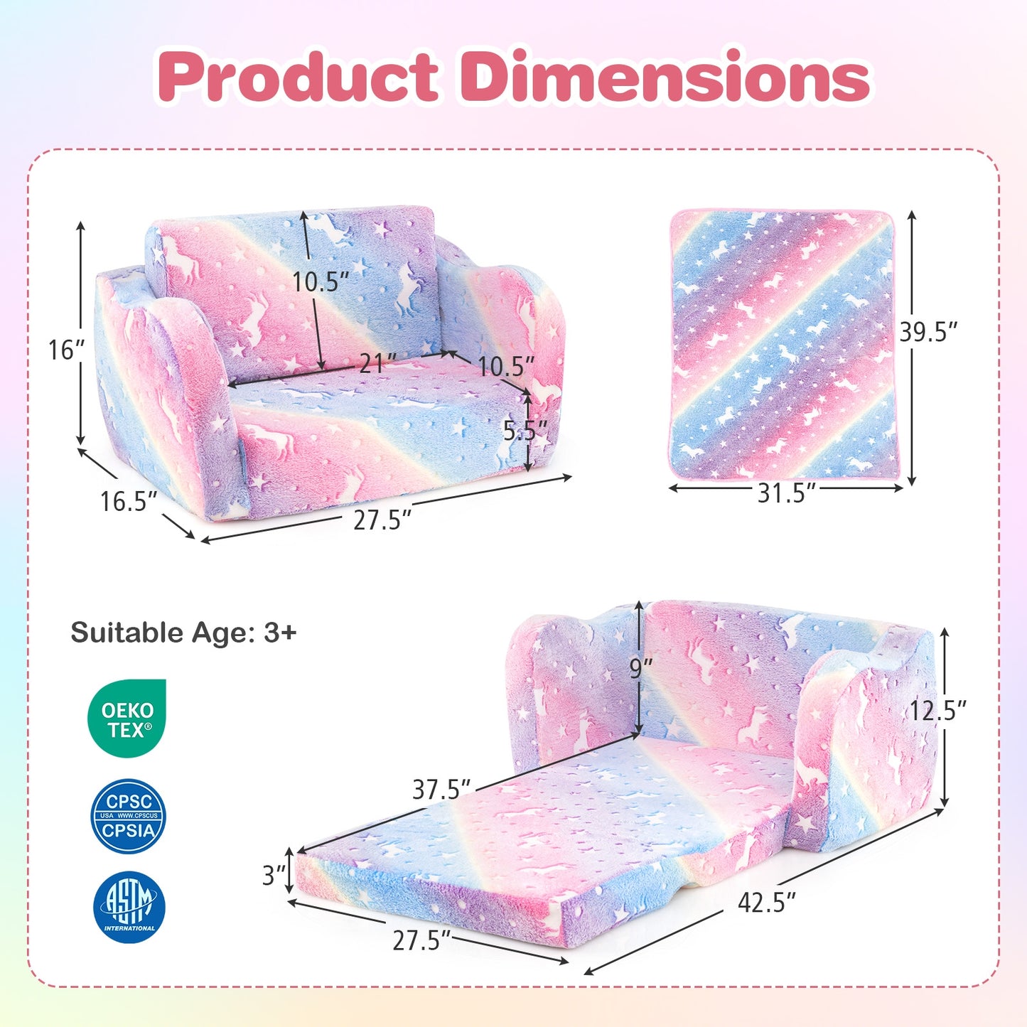 2-in-1 Folding Kids Couch with Blanket Glow in the Dark-Multicolor Kids Crystal