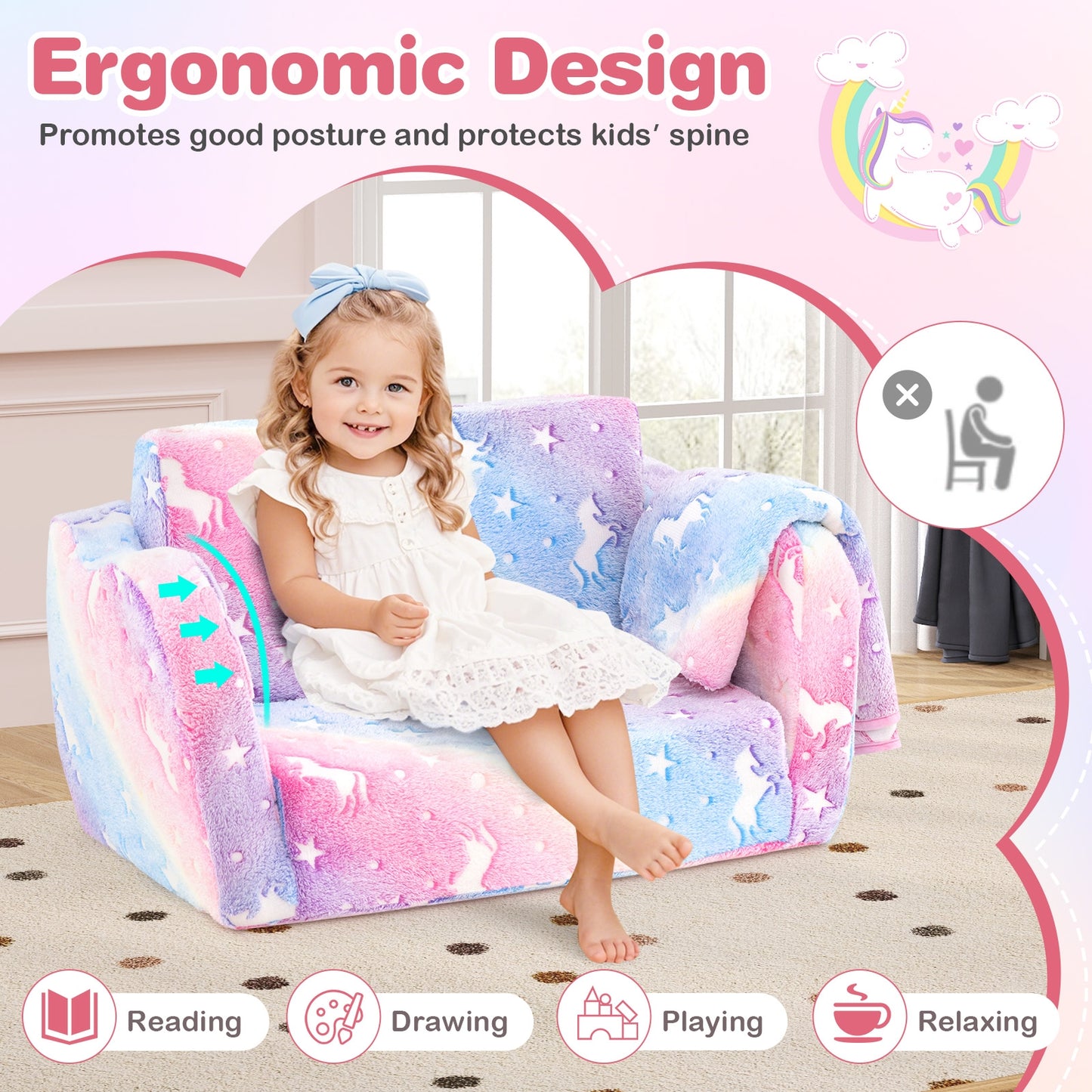 2-in-1 Folding Kids Couch with Blanket Glow in the Dark-Multicolor Kids Crystal