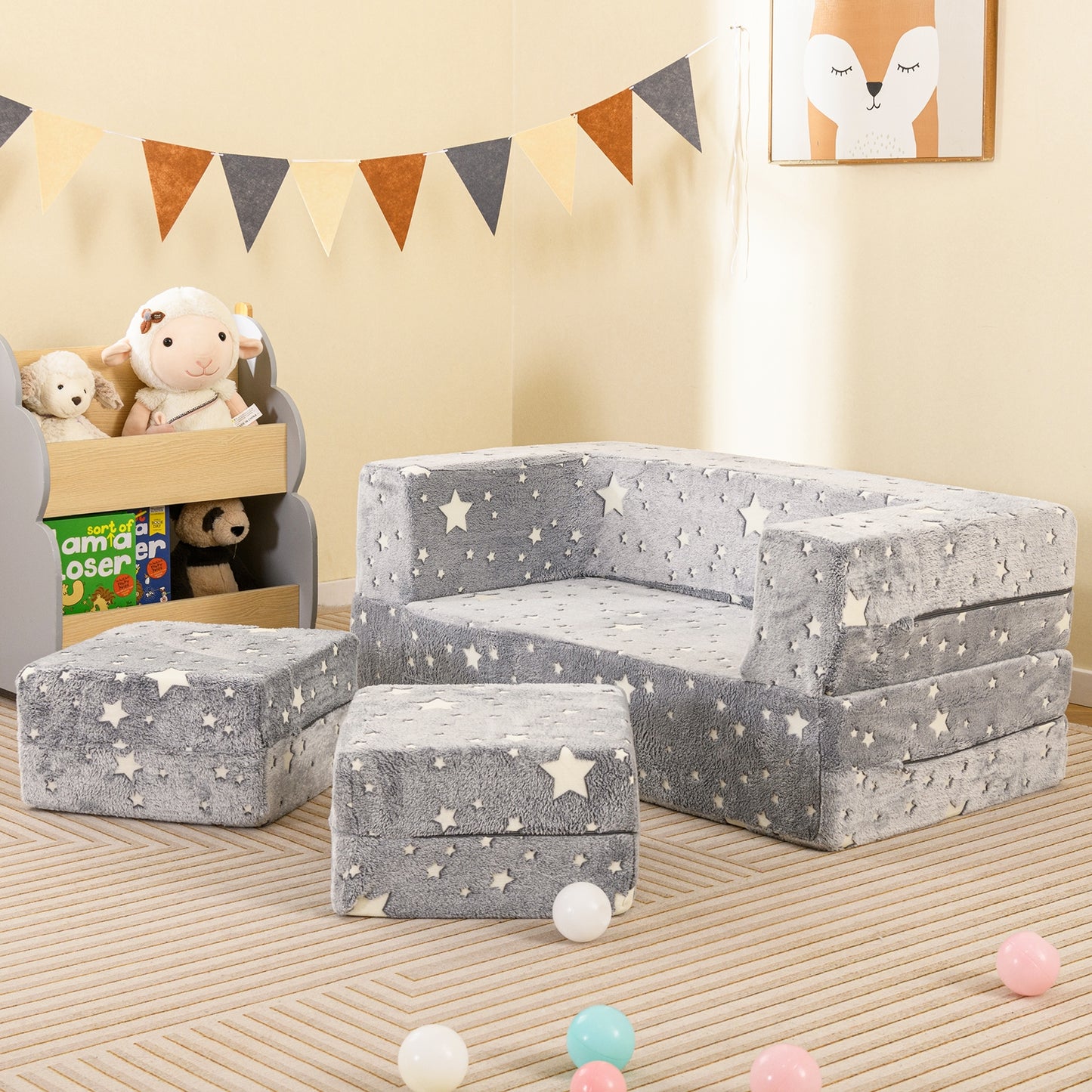 2 Seater Kids Play Couch with Removable and Machine Washable Flannel Cover-Gray Kids Crystal