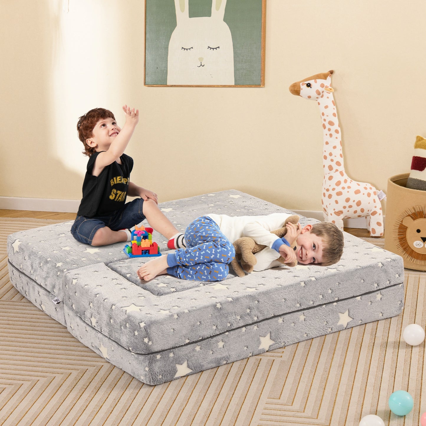 2 Seater Kids Play Couch with Removable and Machine Washable Flannel Cover-Gray Kids Crystal
