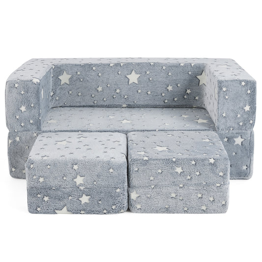 2 Seater Kids Play Couch with Removable and Machine Washable Flannel Cover-Gray Kids Crystal