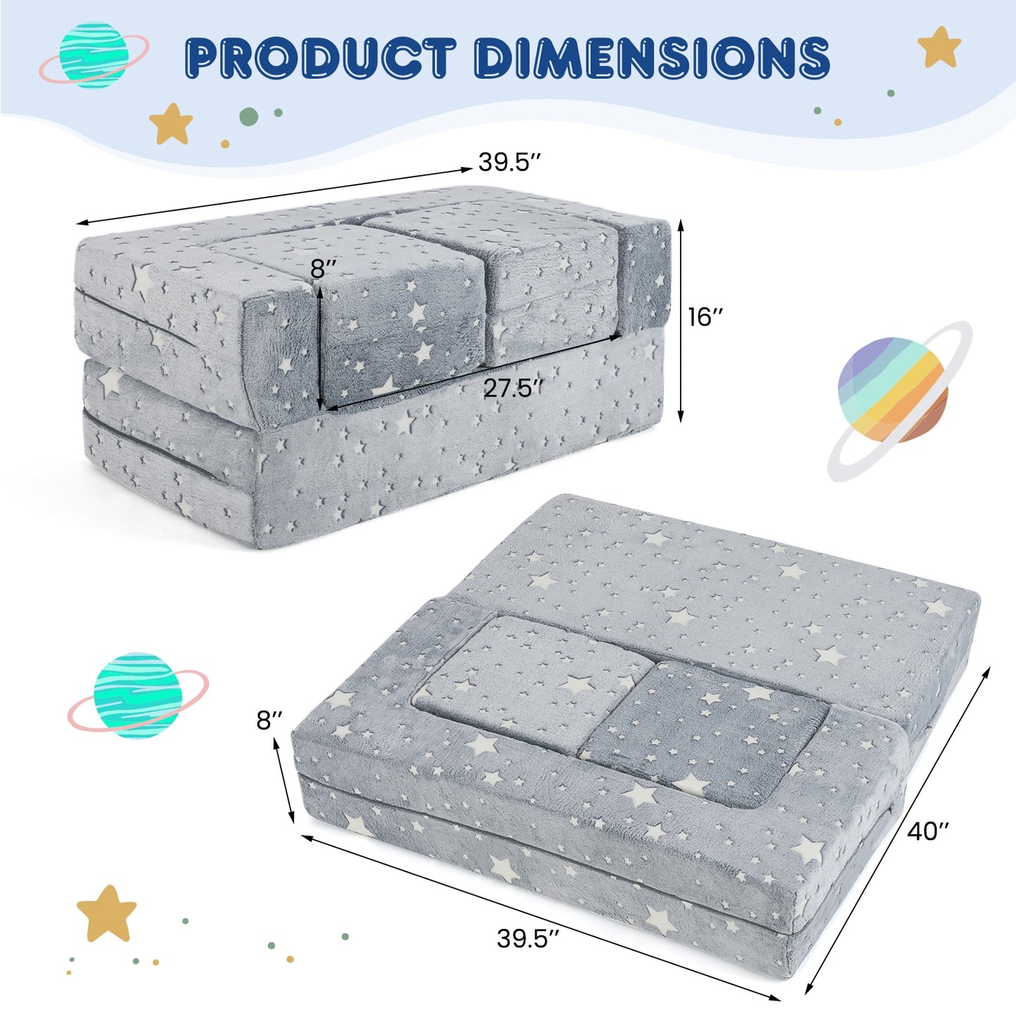 2 Seater Kids Play Couch with Removable and Machine Washable Flannel Cover-Gray Kids Crystal