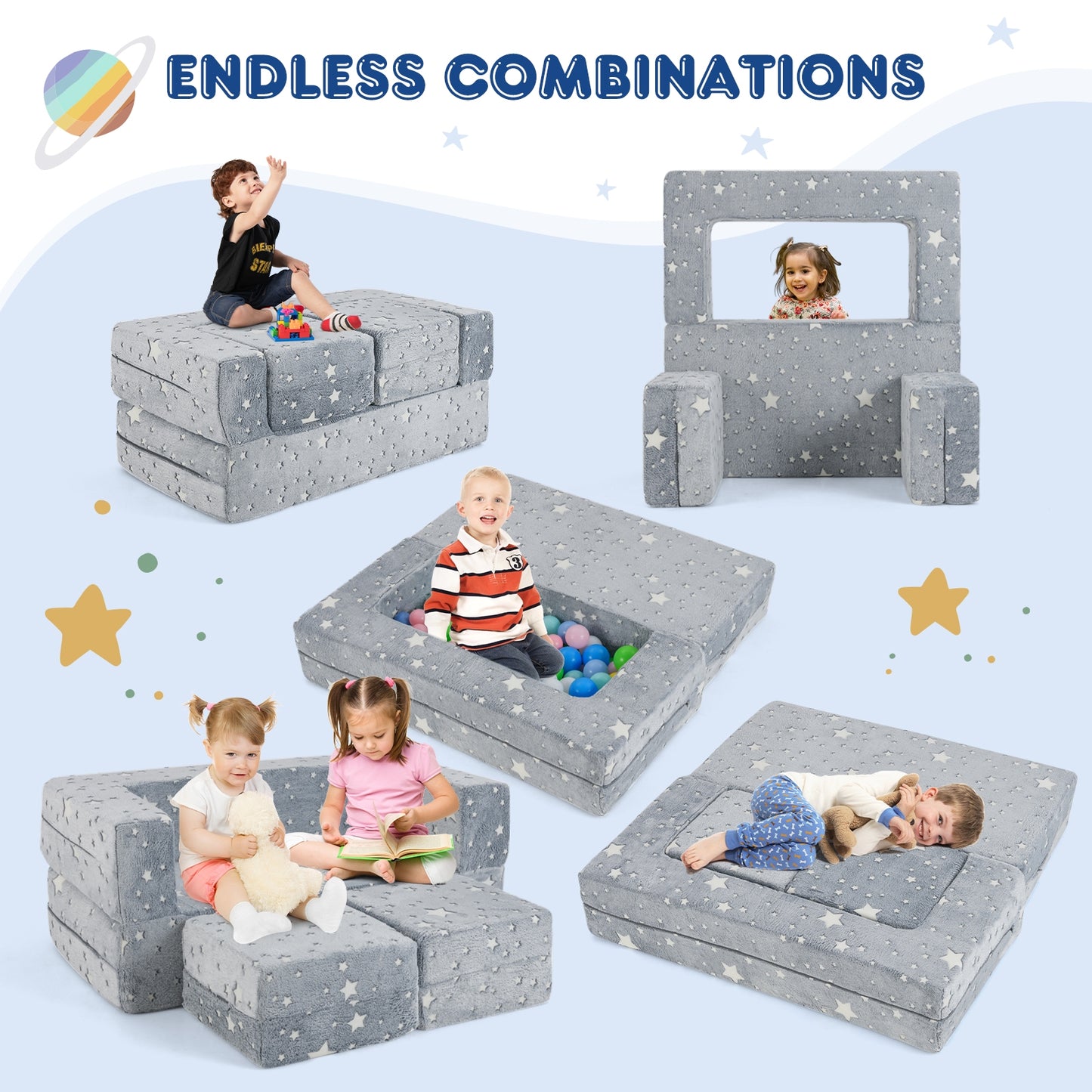 2 Seater Kids Play Couch with Removable and Machine Washable Flannel Cover-Gray Kids Crystal