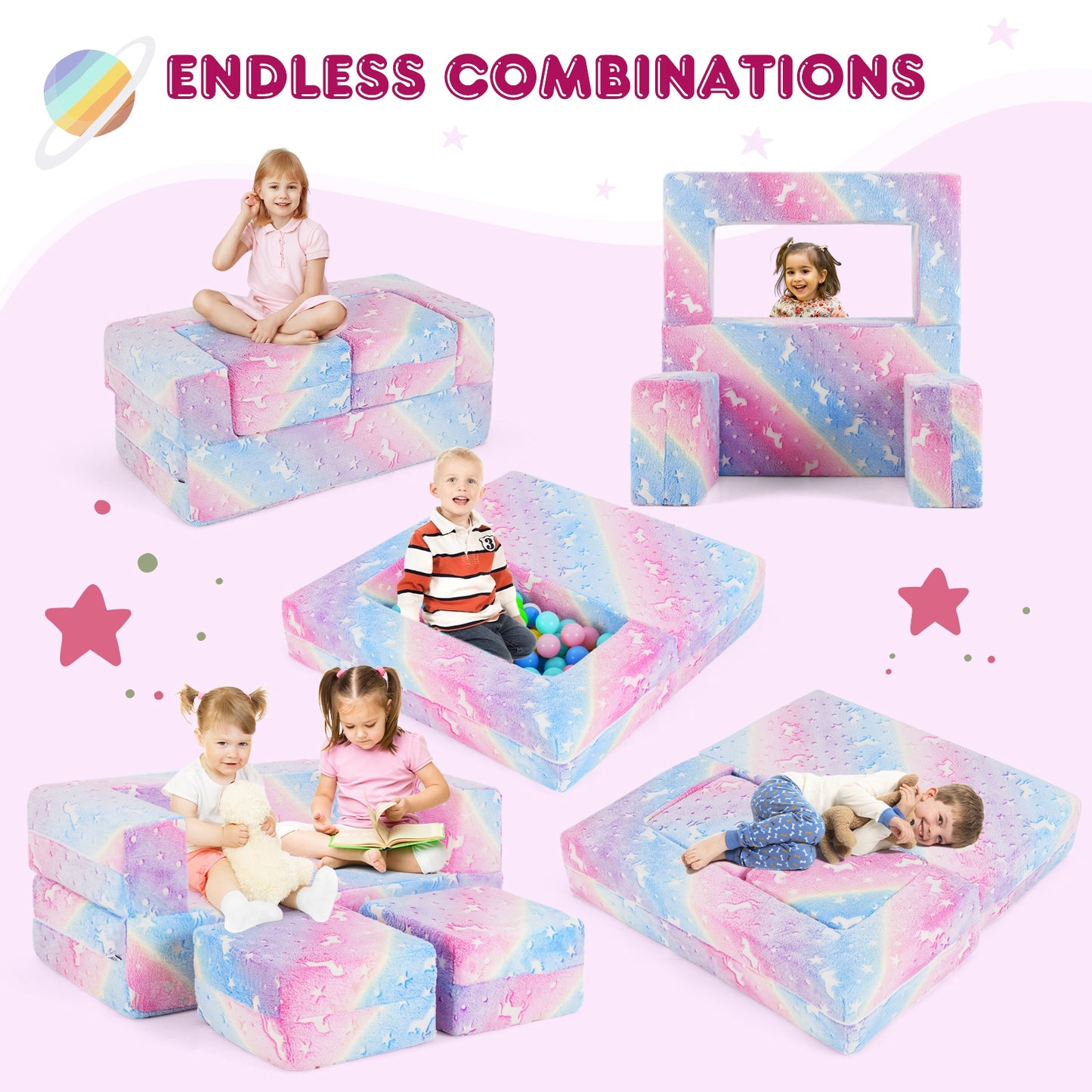 2 Seater Kids Play Couch with Removable and Machine Washable Flannel Cover-Color Kids Crystal