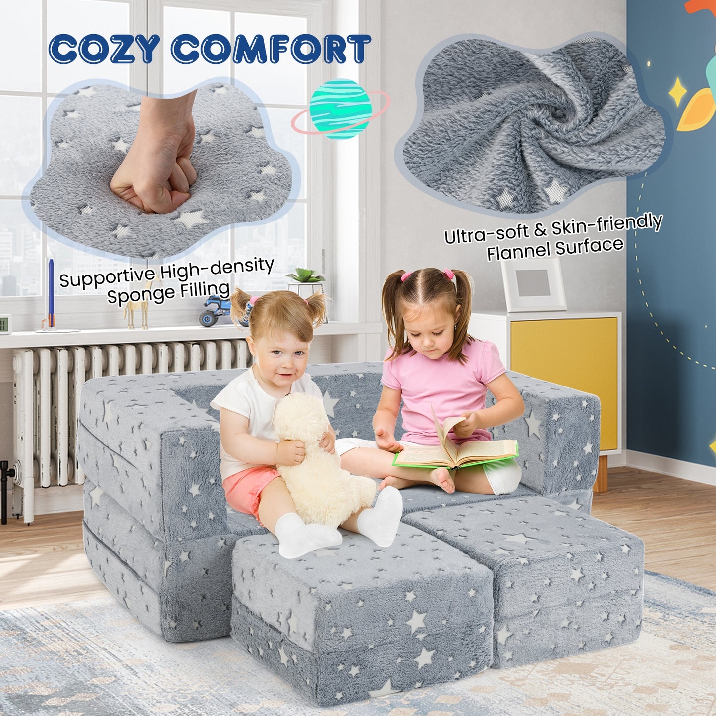 2 Seater Kids Play Couch with Removable and Machine Washable Flannel Cover-Gray Kids Crystal