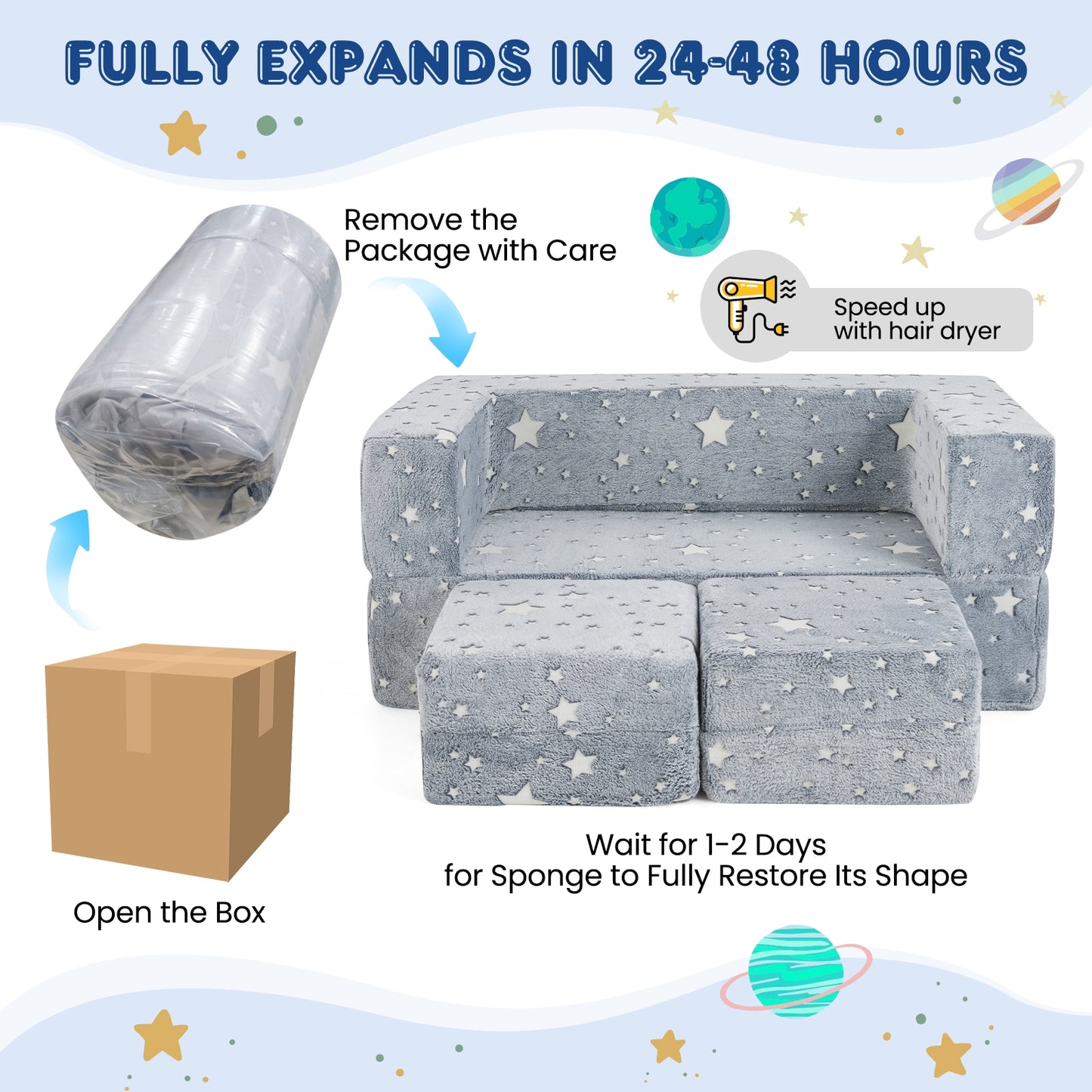 2 Seater Kids Play Couch with Removable and Machine Washable Flannel Cover-Gray Kids Crystal