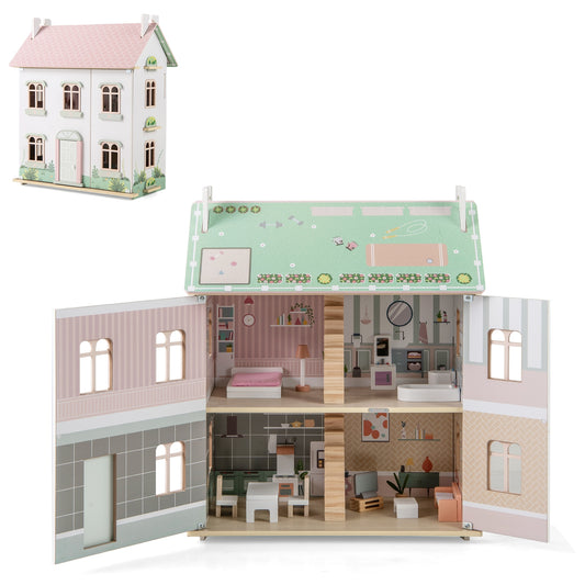 Kids Wooden Dollhouse 3 Level with Double-Sided Roofs and Doors-Pink Kids Crystal