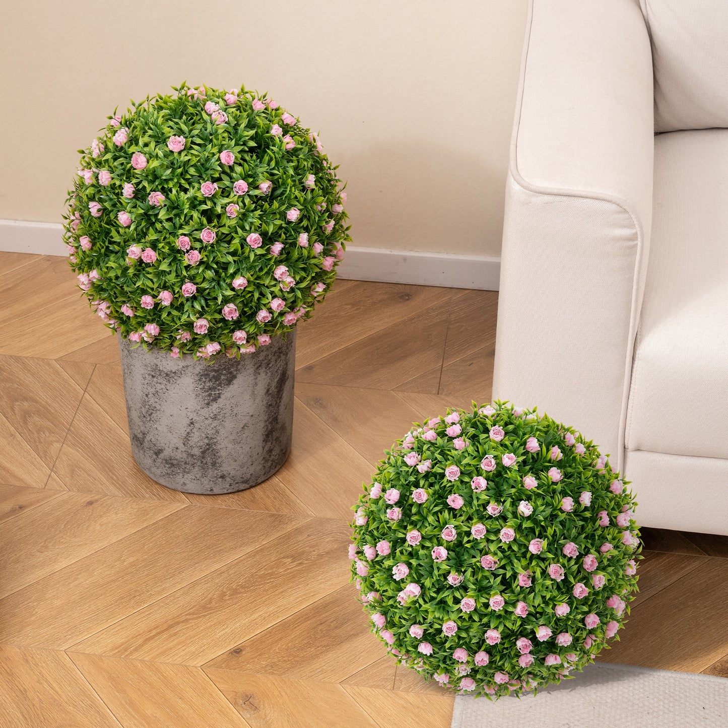 2 Pieces Artificial Plant Topiary Balls 17.5 Inch Faux Decorative Balls with Pink Flowers Kids Crystal