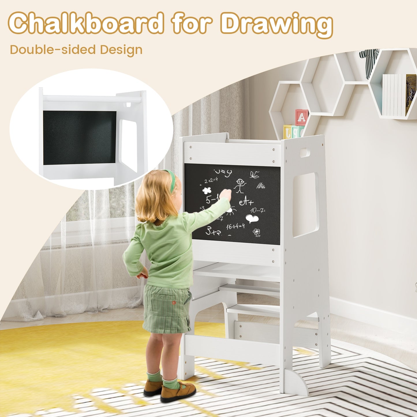 Toddler Kitchen Step Stool with Activity Chalkboard and Adjustable Height-White