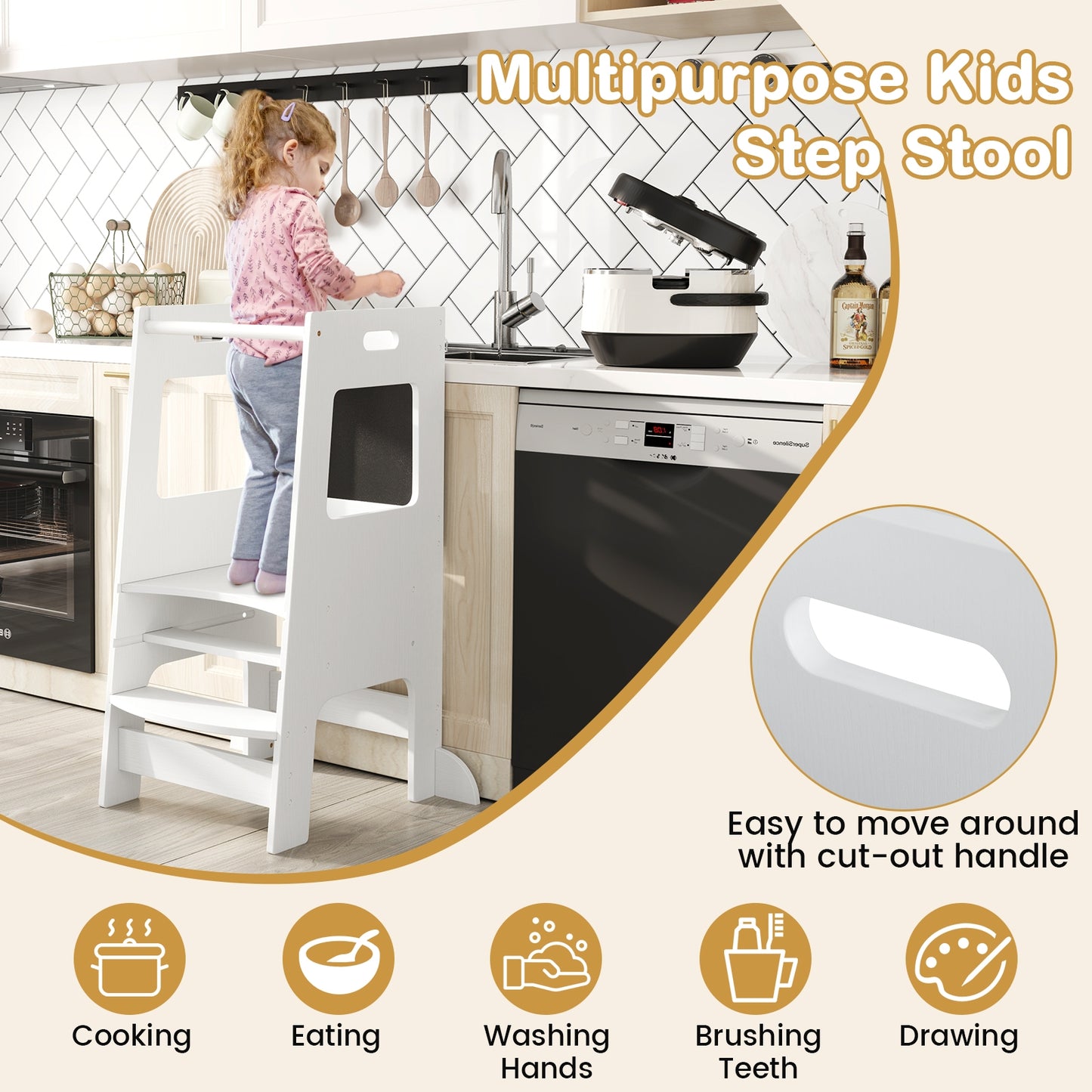 Toddler Kitchen Step Stool with Activity Chalkboard and Adjustable Height-White
