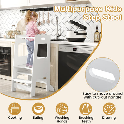 Toddler Kitchen Step Stool with Activity Chalkboard and Adjustable Height-White
