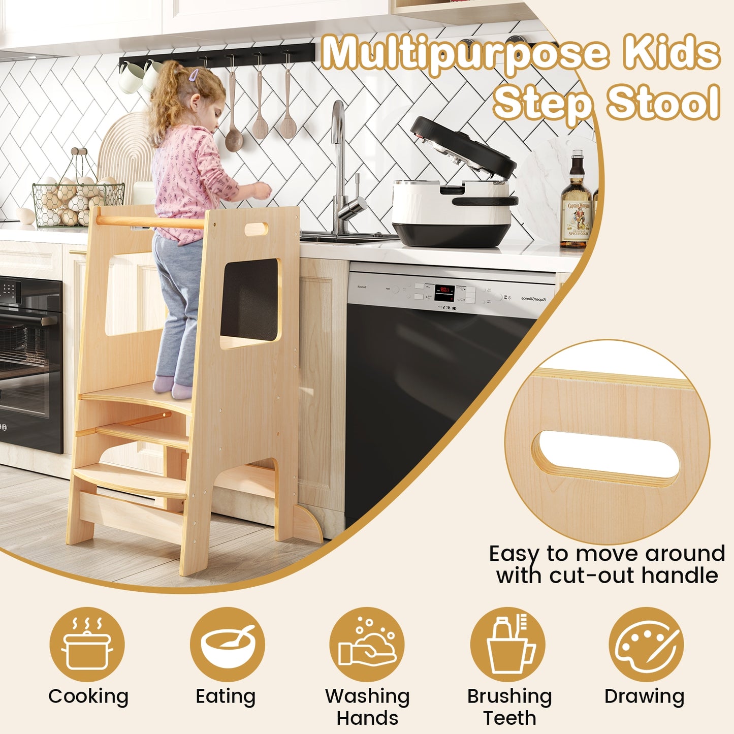Toddler Kitchen Step Stool with Activity Chalkboard and Adjustable Height-Natural