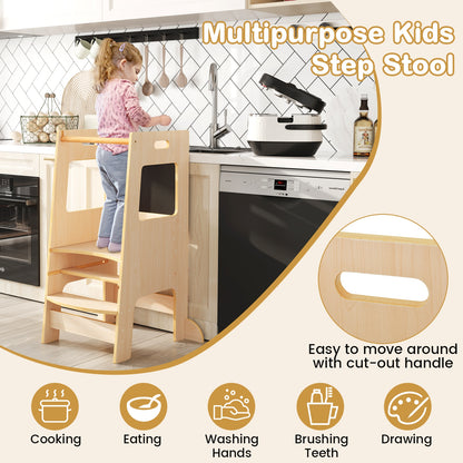 Toddler Kitchen Step Stool with Activity Chalkboard and Adjustable Height-Natural