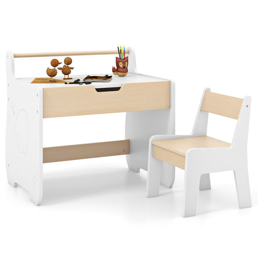 Kids Table and Chair Set with 2 in 1 Detachable Tabletop and Storage-White Kids Crystal