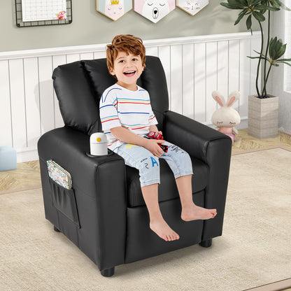 Kids Recliner Chair PU Leather Push Back Toddler Recliner with Cup Holder and Side Pocket-Black