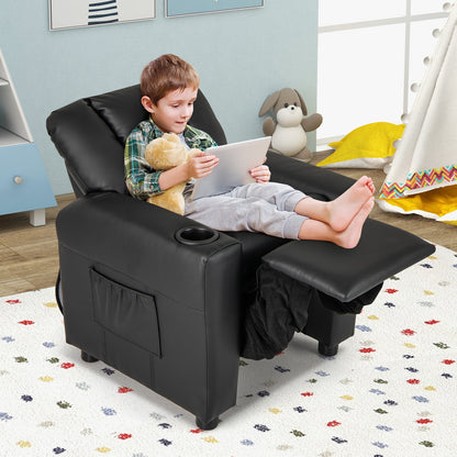 Kids Recliner Chair PU Leather Push Back Toddler Recliner with Cup Holder and Side Pocket-Black
