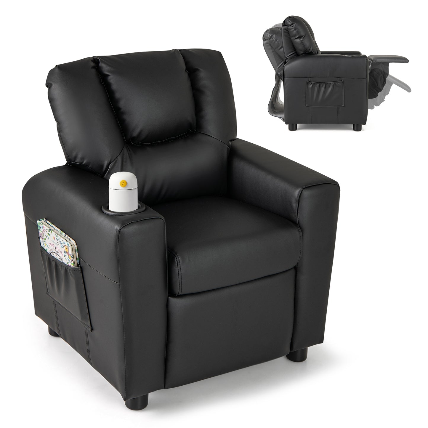 Kids Recliner Chair PU Leather Push Back Toddler Recliner with Cup Holder and Side Pocket-Black Kids Crystal