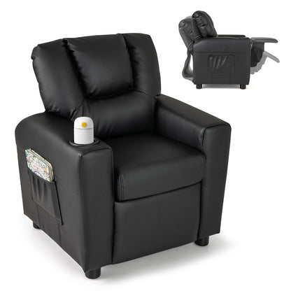 Kids Recliner Chair PU Leather Push Back Toddler Recliner with Cup Holder and Side Pocket-Black