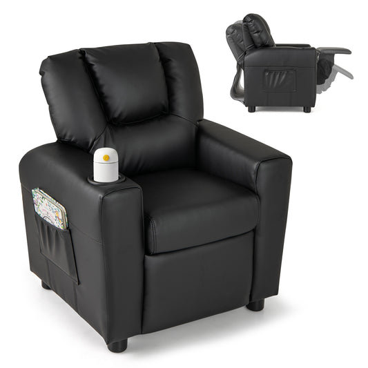 Kids Recliner Chair PU Leather Push Back Toddler Recliner with Cup Holder and Side Pocket-Black Kids Crystal