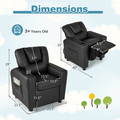 Kids Recliner Chair PU Leather Push Back Toddler Recliner with Cup Holder and Side Pocket-Black