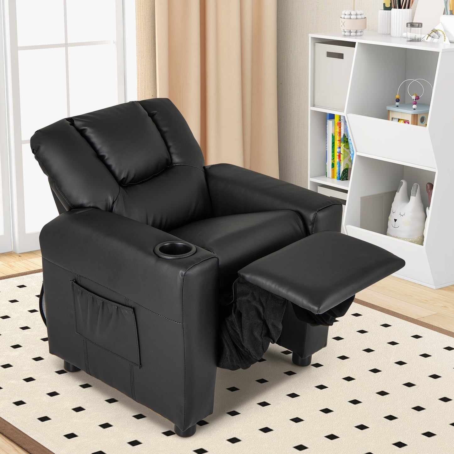 Kids Recliner Chair PU Leather Push Back Toddler Recliner with Cup Holder and Side Pocket-Black Kids Crystal