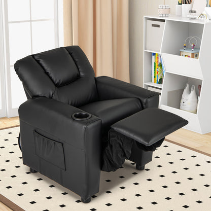 Kids Recliner Chair PU Leather Push Back Toddler Recliner with Cup Holder and Side Pocket-Black